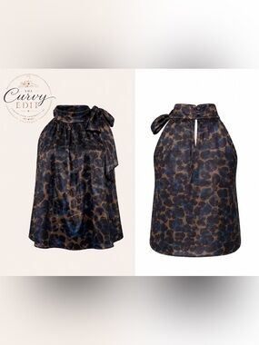 Cato XL Satin Animal Print Halter with Bow Neck Tie Teal & Brown Blouse Chic